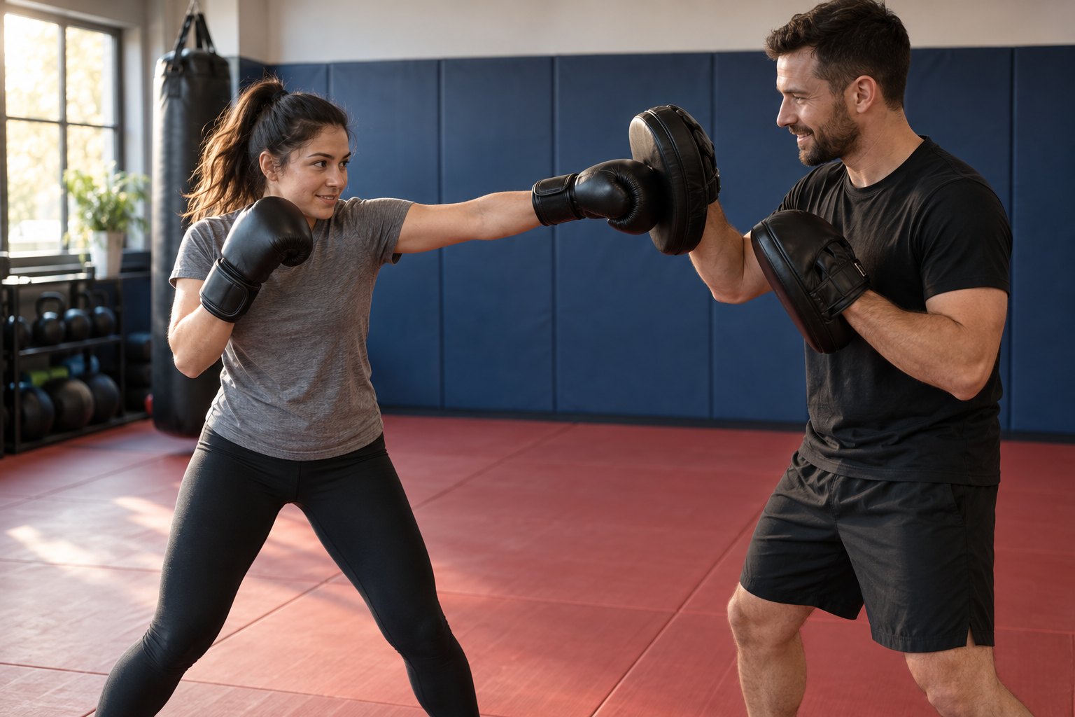 Illustrative image of an adult beginner practising a punch with an instructor